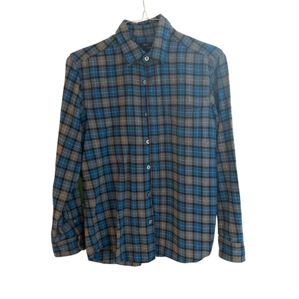 GAP SIZE SMALL FLANNEL BUTTON DOWN SHIRT WITH GRAY AND BLUE PLAIDS LONG SLEEVES